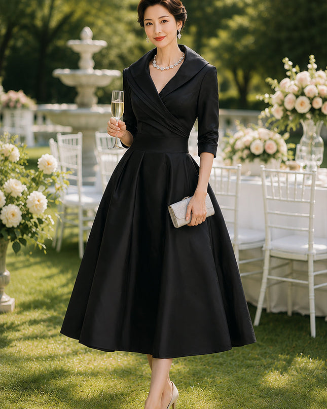 Raven | Fitted Bodice Draped Collar Long Sleeve Midi Dress