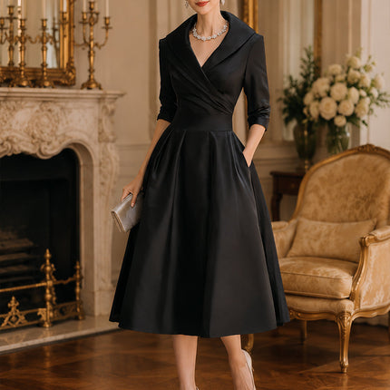 Raven | Fitted Bodice Draped Collar Long Sleeve Midi Dress