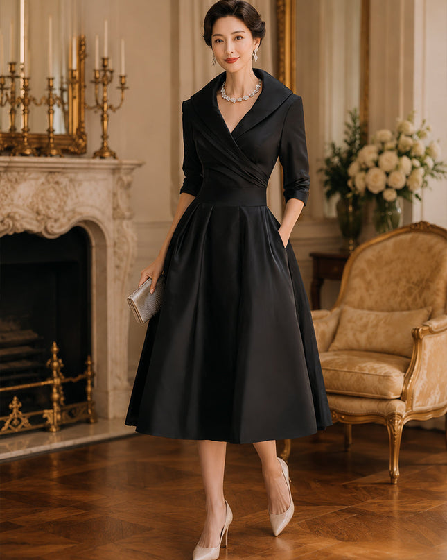 Raven | Fitted Bodice Draped Collar Long Sleeve Midi Dress