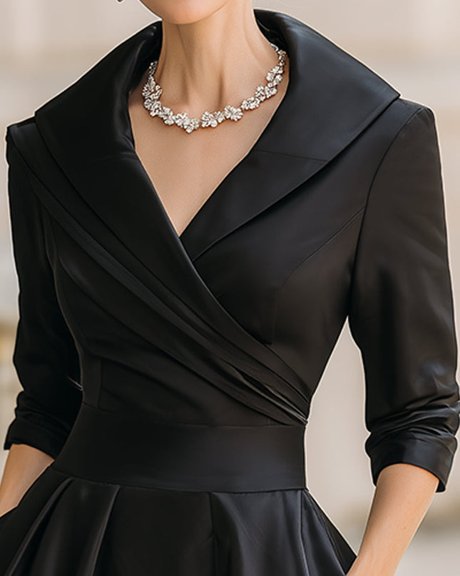 Raven | Fitted Bodice Draped Collar Long Sleeve Midi Dress