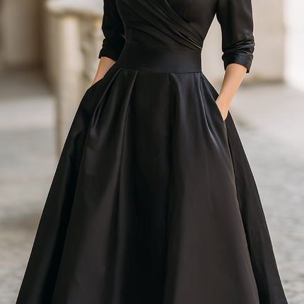 Raven | Fitted Bodice Draped Collar Long Sleeve Midi Dress