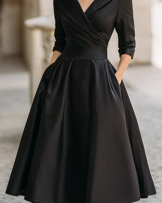 Raven | Fitted Bodice Draped Collar Long Sleeve Midi Dress