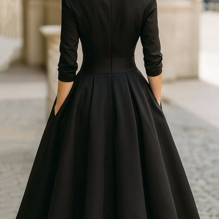 Raven | Fitted Bodice Draped Collar Long Sleeve Midi Dress