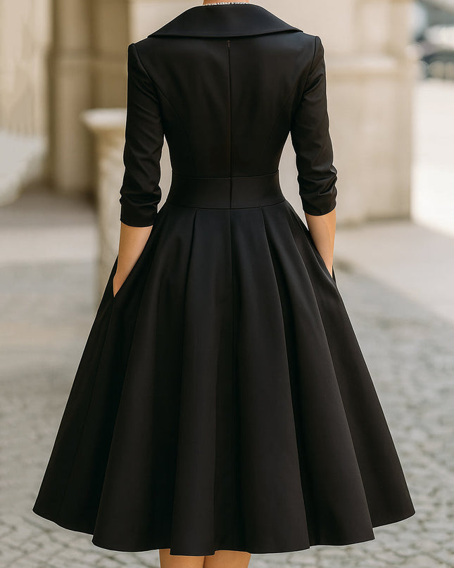 Raven | Fitted Bodice Draped Collar Long Sleeve Midi Dress