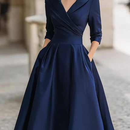 Raven | Fitted Bodice Draped Collar Long Sleeve Midi Dress
