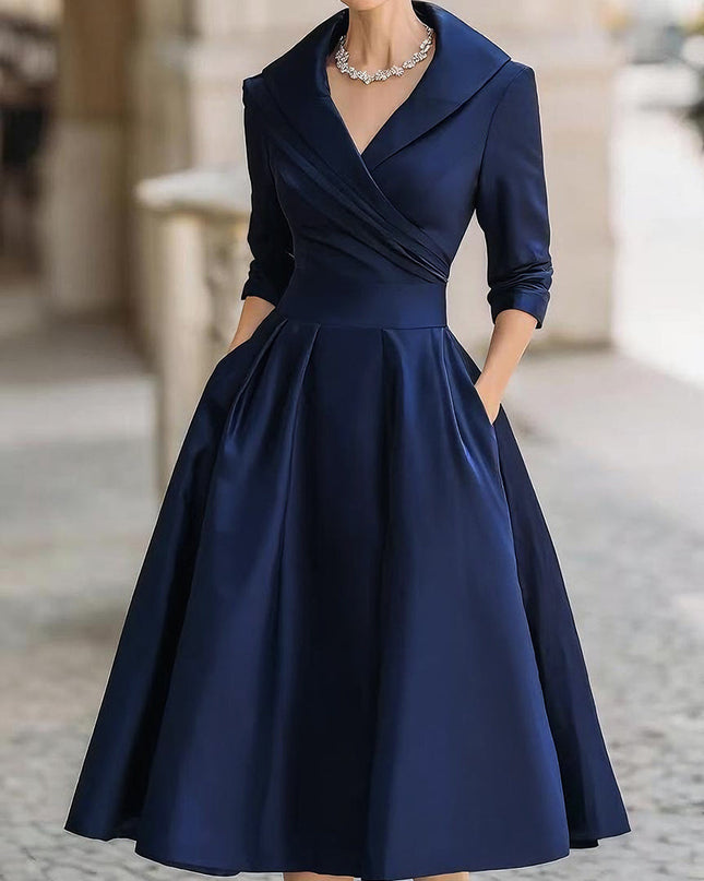 Raven | Fitted Bodice Draped Collar Long Sleeve Midi Dress