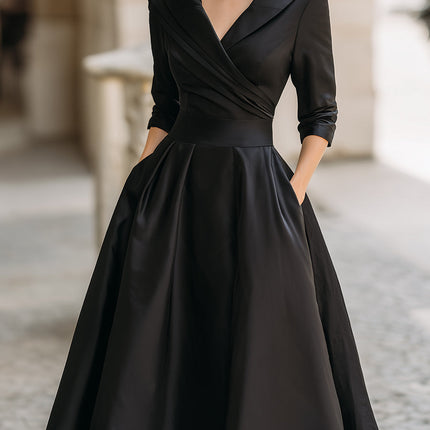 Raven | Fitted Bodice Draped Collar Long Sleeve Midi Dress