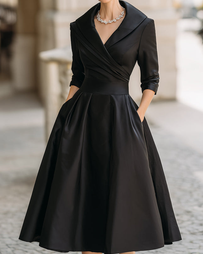 Raven | Fitted Bodice Draped Collar Long Sleeve Midi Dress