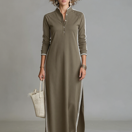 Rosalind | Minimalist Button-Down Collar Sweatshirt Maxi Dress - Khaki / XS