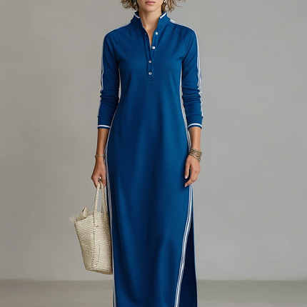 Rosalind | Minimalist Button-Down Collar Sweatshirt Maxi Dress - Royal Blue / XS