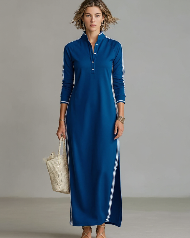 Rosalind | Minimalist Button-Down Collar Sweatshirt Maxi Dress - Royal Blue / XS