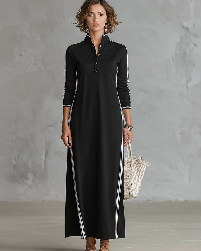 Rosalind | Minimalist Button-Down Collar Sweatshirt Maxi Dress - Side Profile