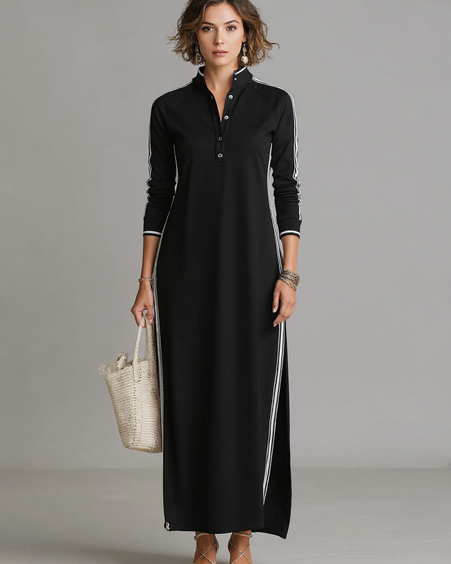 Rosalind | Minimalist Button-Down Collar Sweatshirt Maxi Dress - Black / XS