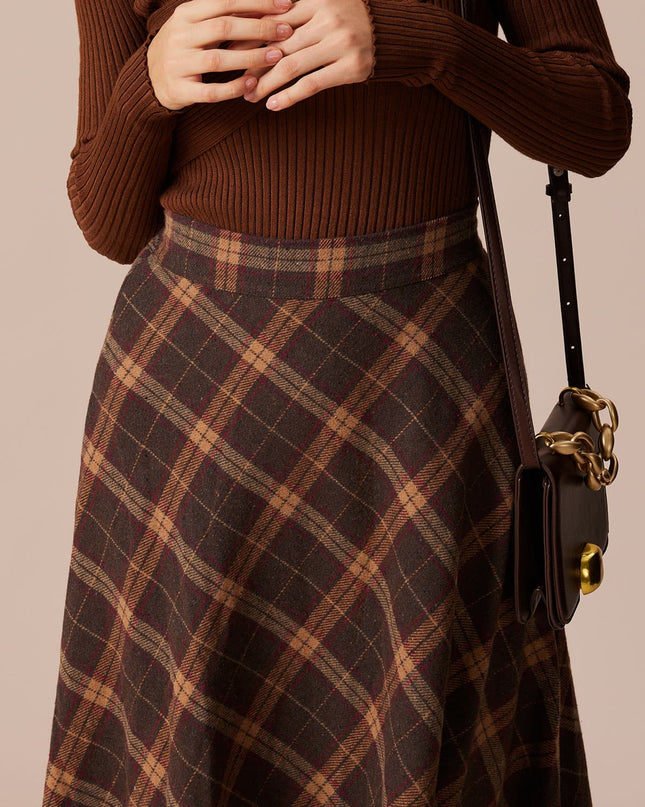Rosemary | Regular Fit Elastic Waist Plaid A-Line Midi Skirt