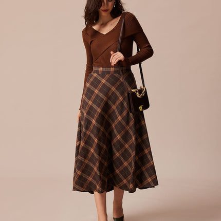 Rosemary | Regular Fit Elastic Waist Plaid A-Line Midi Skirt