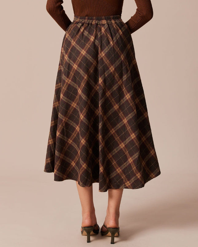 Rosemary | Regular Fit Elastic Waist Plaid A-Line Midi Skirt
