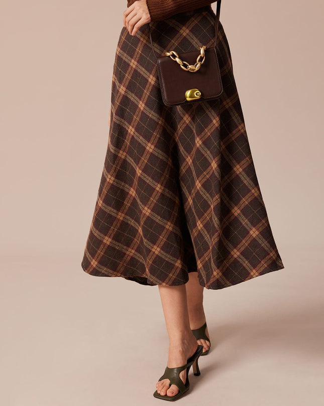 Rosemary | Regular Fit Elastic Waist Plaid A-Line Midi Skirt
