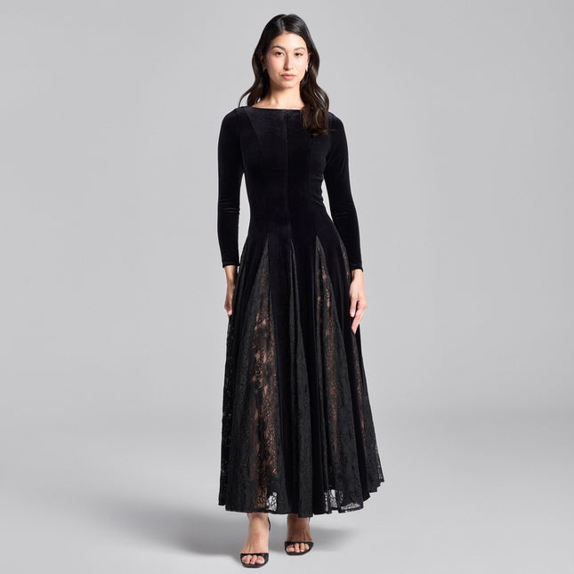 Stevie | Fitted Velvet Maxi Dress with Lace Insets