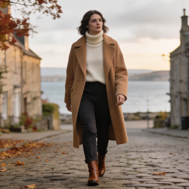 Woman in a camel wool coat walking down an autumn cobbled street