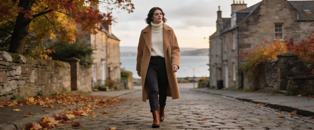 Woman in a camel wool coat walking down an autumn cobbled street