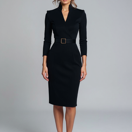 Violet | Belted Fit Long Sleeve Midi Dress - Black / XS(2)