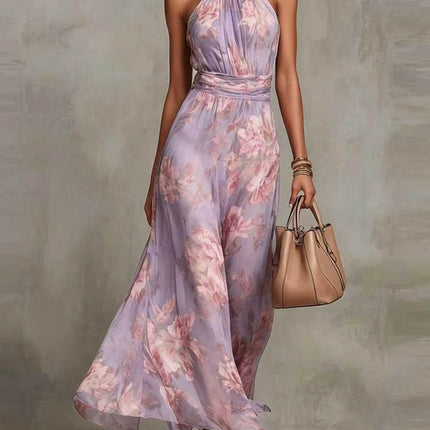 Violet | Halter Neck Floral Chiffon Maxi Dress