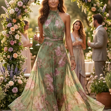 Violet | Halter Neck Floral Chiffon Maxi Dress