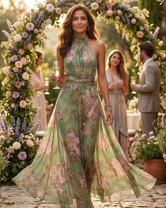 Violet | Halter Neck Floral Chiffon Maxi Dress