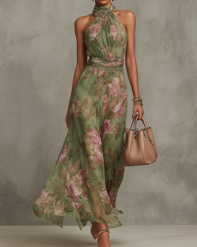 Violet | Halter Neck Floral Chiffon Maxi Dress