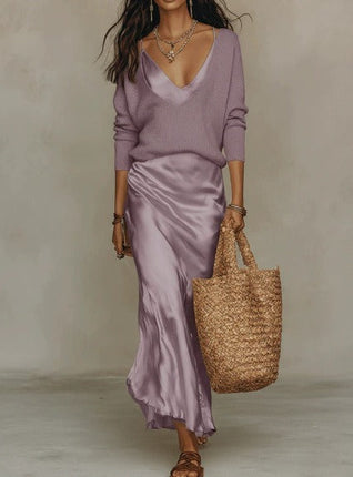 Vivienne | Satin Midi Dress with Matching Sweater Set