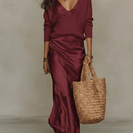 Vivienne | Satin Midi Dress with Matching Sweater Set