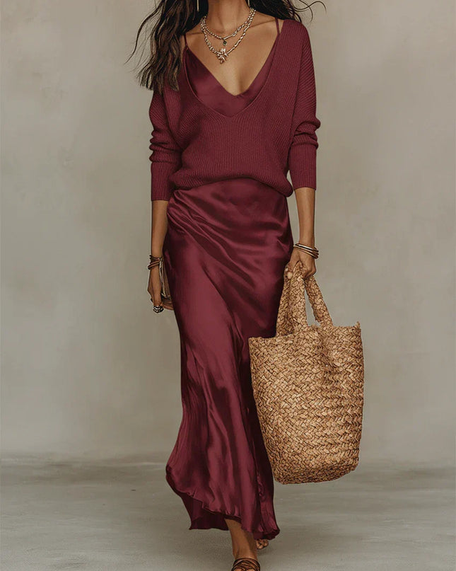 Vivienne | Satin Midi Dress with Matching Sweater Set